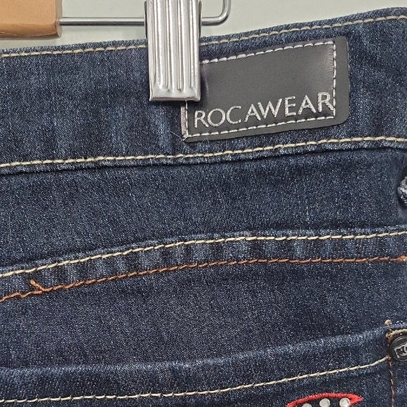 Rocawear Vintage Women's Dark Denim Shorts with Red Detailing Size 15 - Picture 4 of 11